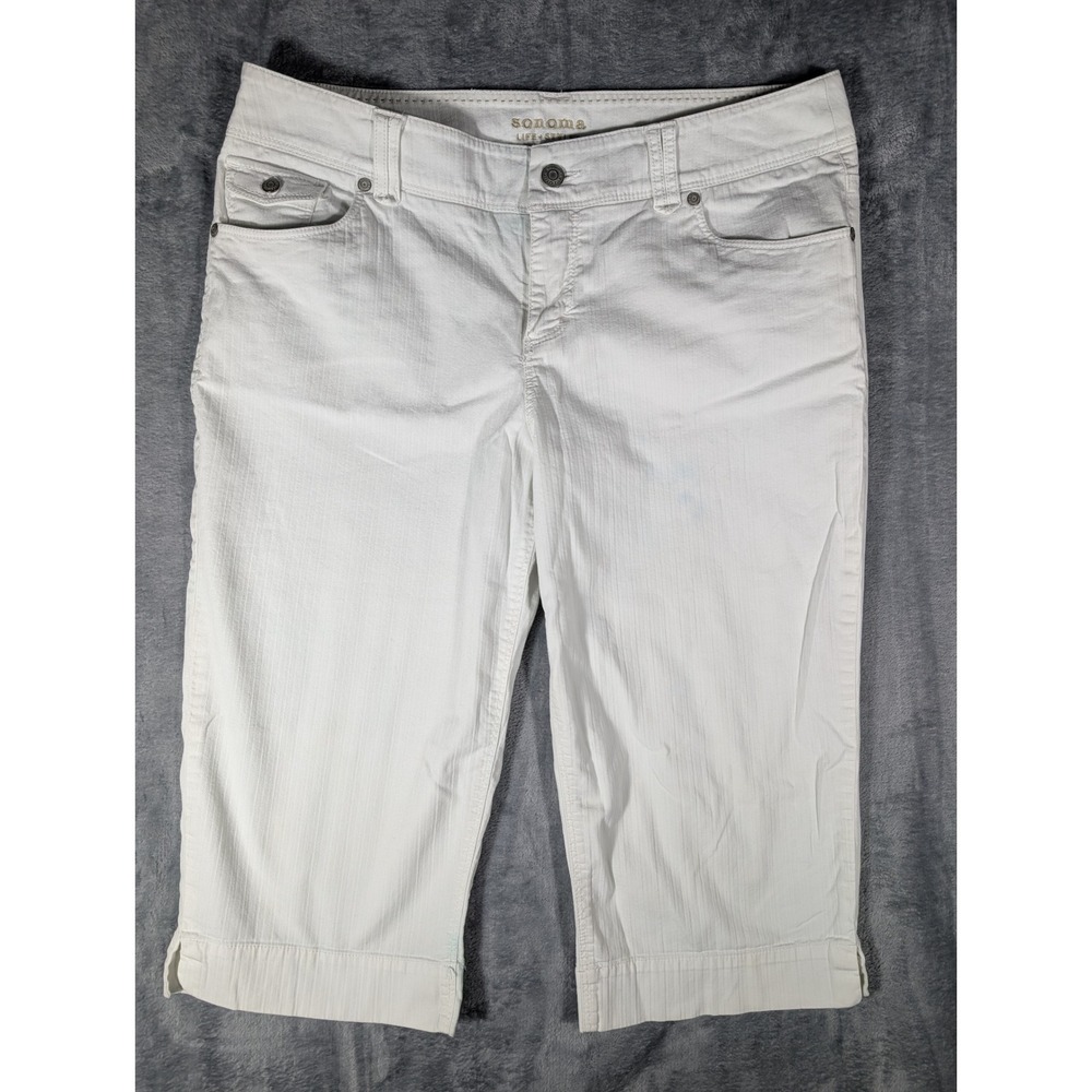 Sonoma Life + Style Women's White Textured Striped Capri Pants Size 12 Stretch